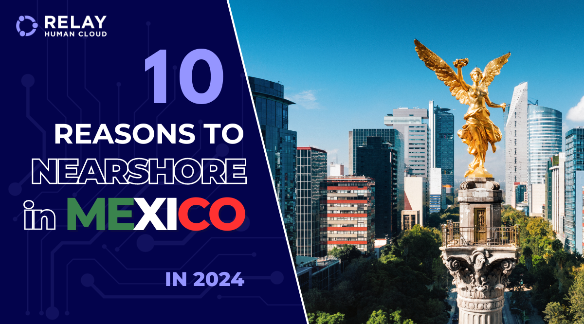Ten Reasons to Nearshore in Mexico: A Comprehensive Business Guide - Blog header Image - Relay Human Cloud Multiple high-rise buildings with glass windows and in front of them there is a yellow traffic signal.