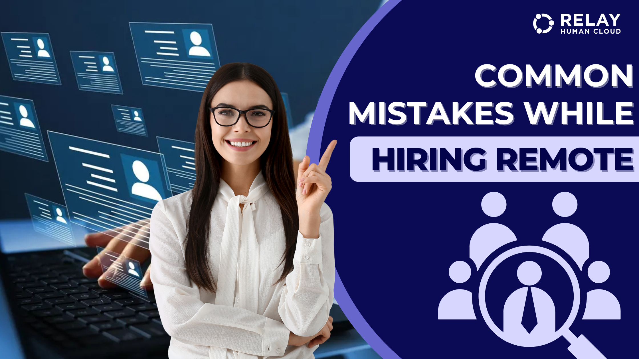 A smiling woman in glasses and a white blouse points upward, with digital profile cards and a laptop keyboard in the background, and a hiring icon illustration on the right.