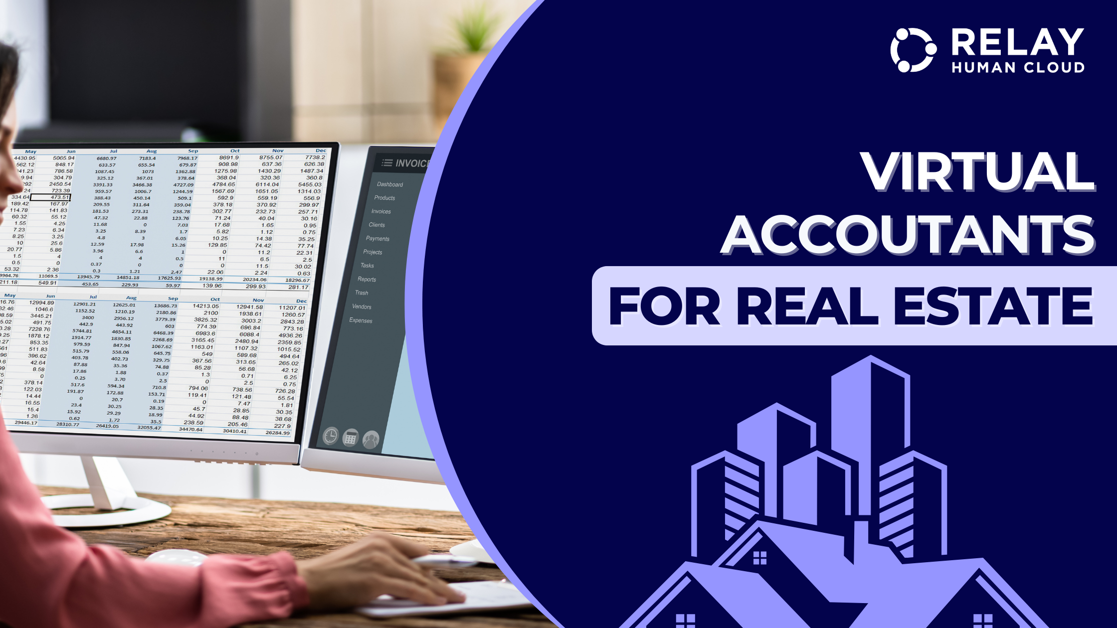 A person working on dual monitors with spreadsheets and invoice software, alongside bold text that reads 'Virtual Accountants for Real Estate' with a cityscape and housing graphic.