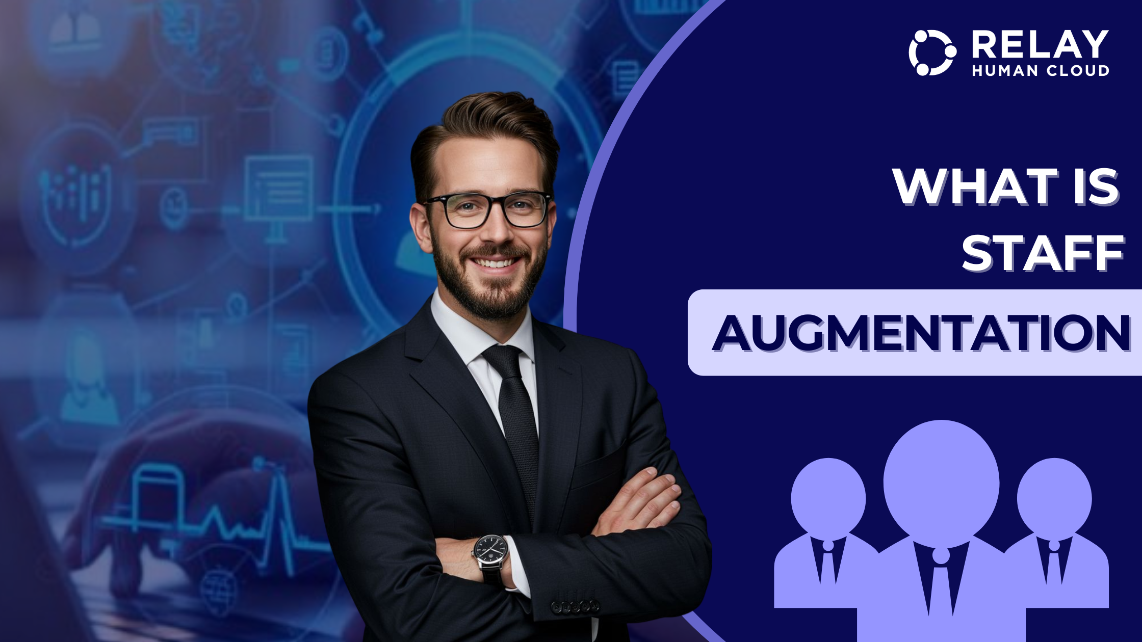 A confident man in a dark suit stands with folded arms against a tech-inspired background.