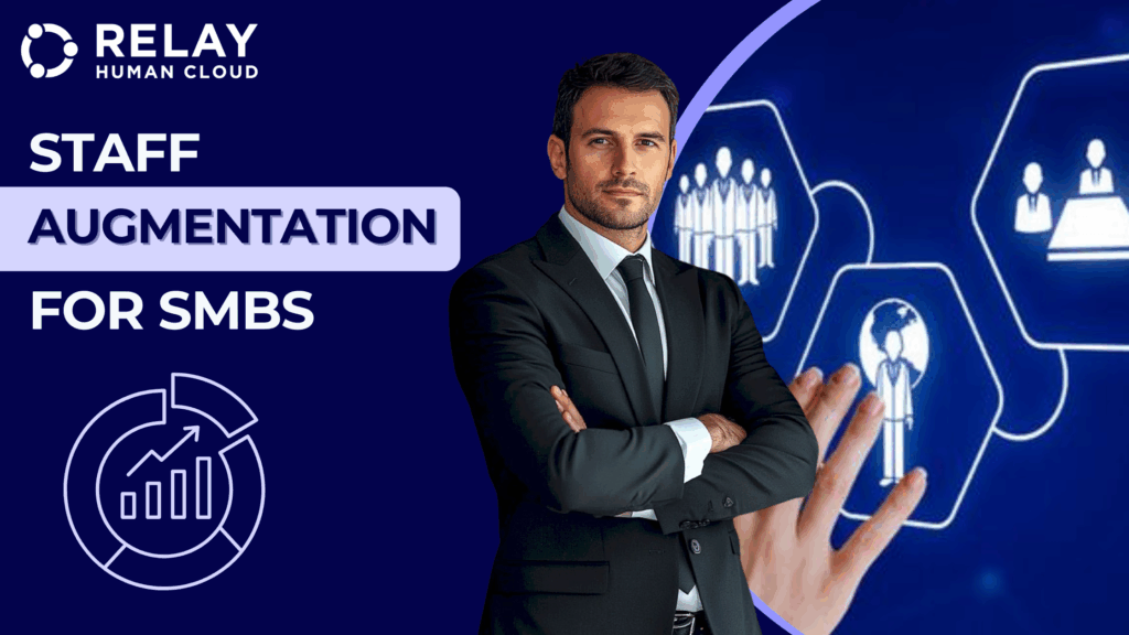 A confident professional man in a suit standing with his arms crossed, with icons of people and organizational structures floating around him. The text 'STAFF AUGMENTATION FOR SMBS' is overlaid in a modern font, and a growth chart icon appears in the bottom-left corner. The image is branded with the Relay Human Cloud logo in the top-left corner.
