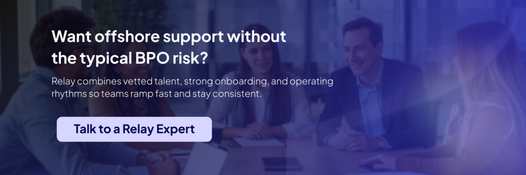 Talk to a Relay Expert - Relay Human Cloud A blue-tinted banner showing a team meeting in the background with overlay text, ‘Want offshore support without the typical BPO risk?’ and a call-to-action button labeled ‘Talk to a Relay Expert.’