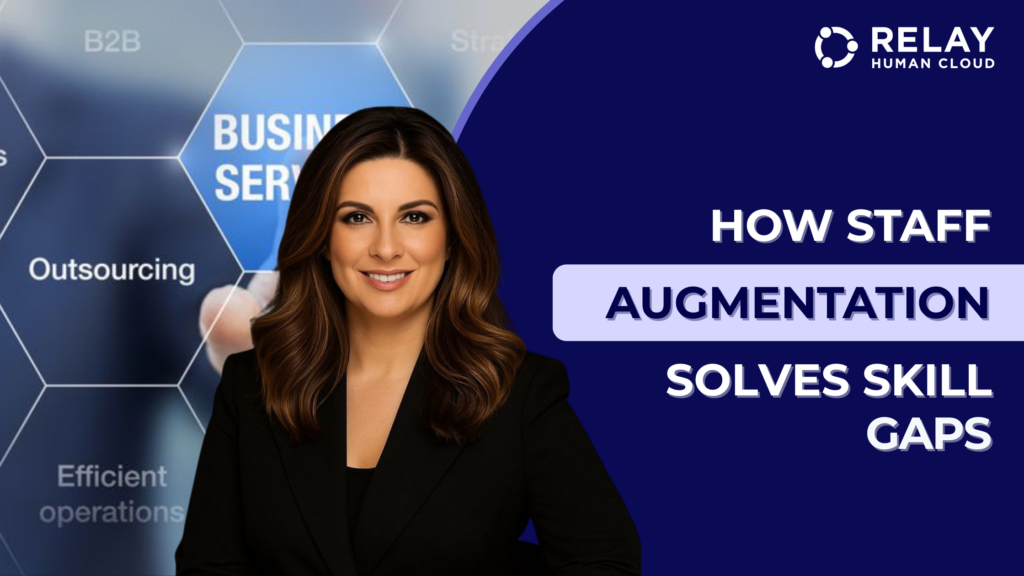 A professional woman in a black suit in front of a business services and outsourcing graphic, with the text ‘How Staff Augmentation Solves Skill Gaps’ on a dark blue background and the Relay Human Cloud logo in the top-right corner.