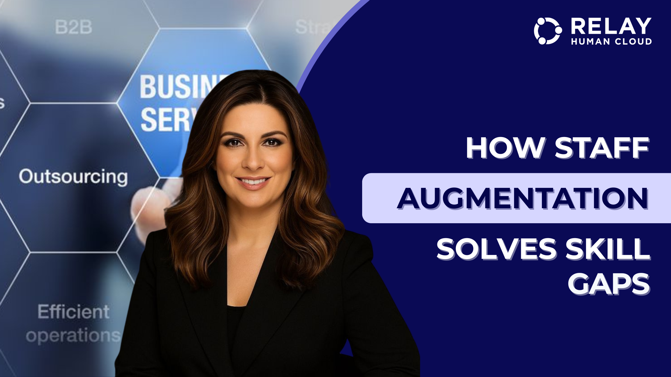 A professional woman in a black suit in front of a business services and outsourcing graphic, with the text ‘How Staff Augmentation Solves Skill Gaps’ on a dark blue background and the Relay Human Cloud logo in the top-right corner.