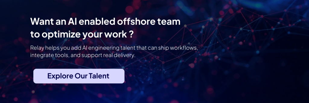 Dark, tech-themed website banner with a network graphic background and the headline ‘Want an AI enabled offshore team to optimize your work?’ followed by supporting text about adding AI engineering talent, plus an ‘Explore Our Talent’ call-to-action button.