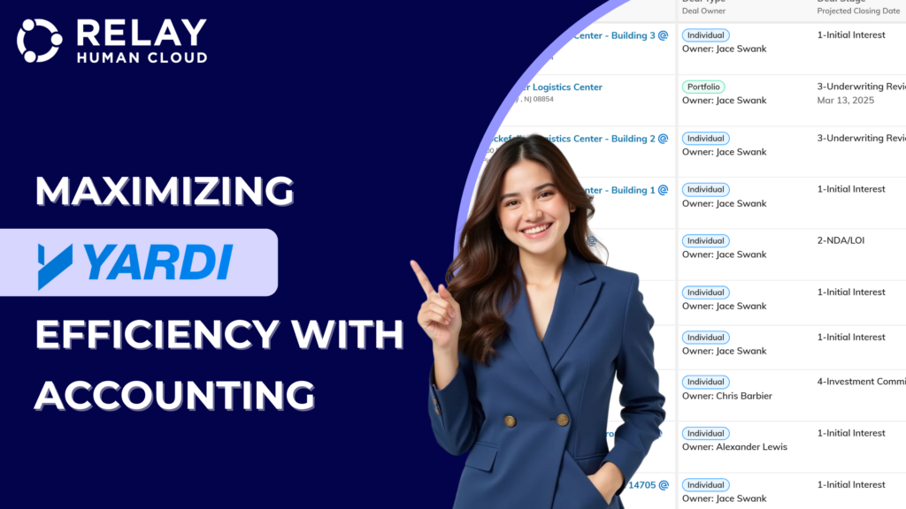 A business professional pointing to the headline ‘Maximizing Yardi Efficiency with Accounting’ alongside the Yardi logo, with a property management dashboard interface in the background.