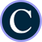 Circular logo with a white serif 'C' on a navy blue inner circle and a purple outer ring.