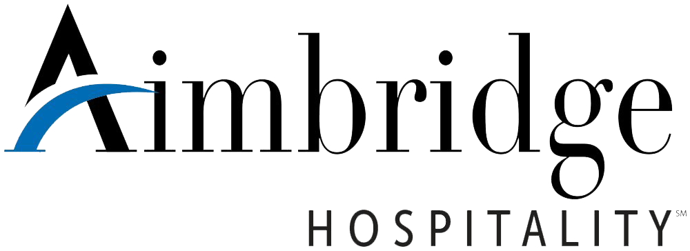 Aimbridge Hospitality logo: the word 'Aimbridge' in black serif with a blue curved arc forming part of the A, and 'HOSPITALITY' in uppercase gray letters underneath.