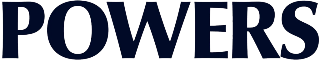 Wordmark logo reading POWERS in bold dark blue letters